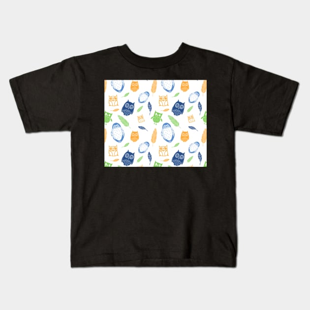 Orange Lime Blue White Owl Pattern Kids T-Shirt by dreamingmind